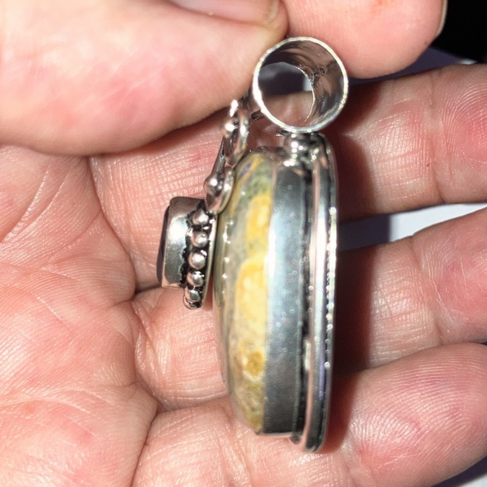 Hand Crafted Ocean Jasper Blue Topaz 925 Silver Plated Gem Necklace Pendant 1.6" - Picture 8 of 8